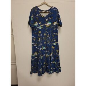 Peachy Plus Size 2X Dress‎ Blue Floral Cotton Short Sleeve Midi Casual Womens